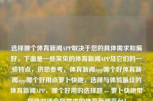 选择哪个体育新闻APP取决于您的具体需求和偏好，下面是一些常见的体育新闻APP及它们的一些特点，供您参考，体育新闻app哪个好体育新闻app哪个好用点萝卜快跑，选择与体验最佳的体育新闻APP，哪个好用的选择题 -- 萝卜快跑带您选对适合您需求的体育新闻平台！，萝卜快跑，体育新闻APP选择指南！-第1张图片-体育新闻