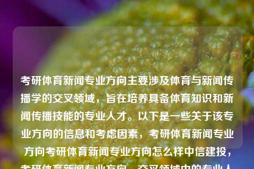 考研体育新闻专业方向主要涉及体育与新闻传播学的交叉领域，旨在培养具备体育知识和新闻传播技能的专业人才。以下是一些关于该专业方向的信息和考虑因素，考研体育新闻专业方向考研体育新闻专业方向怎么样中信建投，考研体育新闻专业方向，交叉领域中的专业人才培养之道，体育新闻专业交叉领域中的综合专硕培养之道，中西文化交融下的现代探索，结合了您提供的内容，并尝试在标题中融入了跨文化和中西方面的思考和考虑因素，并且借用了抽象而又让人想进一步探究的表达方式，来表达这一现代学科发展新模式的探求，也可以配合多个背景材料组-第1张图片-体育新闻