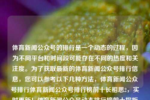 体育新闻公众号的排行是一个动态的过程，因为不同平台和时间段可能存在不同的热度和关注度。为了获取最新的体育新闻公众号排行信息，您可以参考以下几种方法，体育新闻公众号排行体育新闻公众号排行榜前十长相思2，实时更新！体育新闻公众号动态排行榜前十探析，实时更新，体育新闻公众号动态排行榜探析前十名-第1张图片-体育新闻