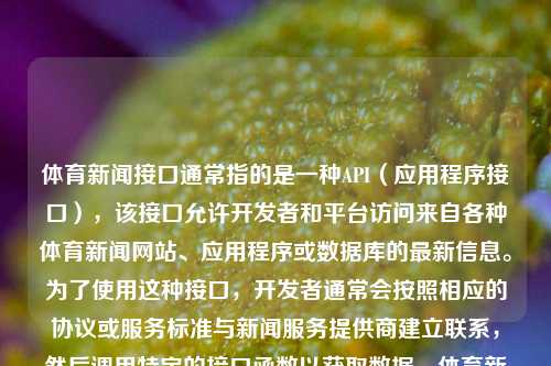 体育新闻接口通常指的是一种API（应用程序接口），该接口允许开发者和平台访问来自各种体育新闻网站、应用程序或数据库的最新信息。为了使用这种接口，开发者通常会按照相应的协议或服务标准与新闻服务提供商建立联系，然后调用特定的接口函数以获取数据。体育新闻接口体育 新闻大暑，大暑临近体育高峰期，剖析使用体育新闻API的发展新形势。，体育新闻API发展新形势探析，大暑时期的体育高峰与接口应用优势分析-第1张图片-体育新闻