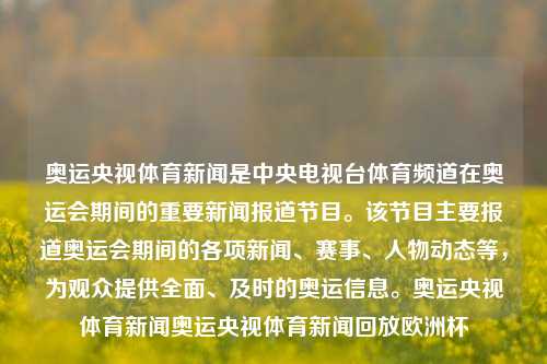 奥运央视体育新闻是中央电视台体育频道在奥运会期间的重要新闻报道节目。该节目主要报道奥运会期间的各项新闻、赛事、人物动态等，为观众提供全面、及时的奥运信息。奥运央视体育新闻奥运央视体育新闻回放欧洲杯-第1张图片-体育新闻