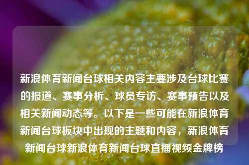 新浪体育新闻台球相关内容主要涉及台球比赛的报道、赛事分析、球员专访、赛事预告以及相关新闻动态等。以下是一些可能在新浪体育新闻台球板块中出现的主题和内容，新浪体育新闻台球新浪体育新闻台球直播视频金牌榜-第1张图片-体育新闻