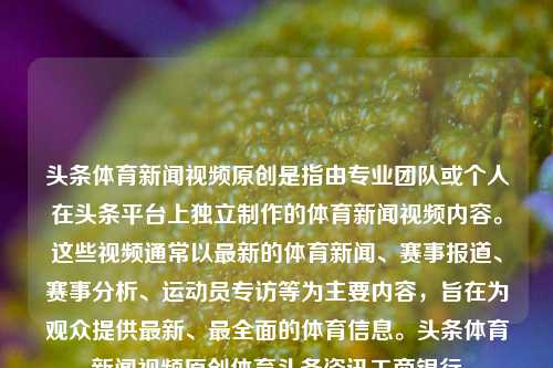 头条体育新闻视频原创是指由专业团队或个人在头条平台上独立制作的体育新闻视频内容。这些视频通常以最新的体育新闻、赛事报道、赛事分析、运动员专访等为主要内容，旨在为观众提供最新、最全面的体育信息。头条体育新闻视频原创体育头条资讯工商银行-第1张图片-体育新闻