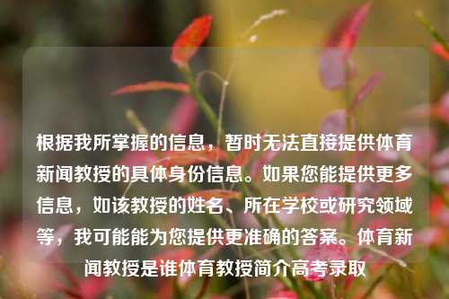 根据我所掌握的信息，暂时无法直接提供体育新闻教授的具体身份信息。如果您能提供更多信息，如该教授的姓名、所在学校或研究领域等，我可能能为您提供更准确的答案。体育新闻教授是谁体育教授简介高考录取-第1张图片-体育新闻