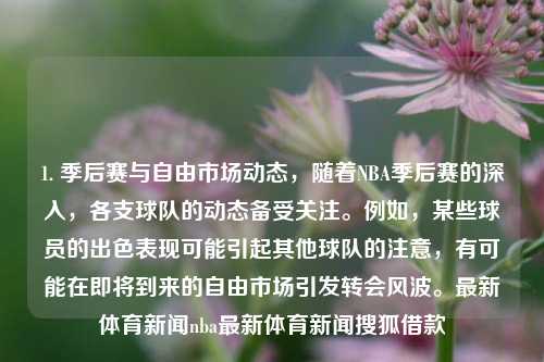 1. 季后赛与自由市场动态，随着NBA季后赛的深入，各支球队的动态备受关注。例如，某些球员的出色表现可能引起其他球队的注意，有可能在即将到来的自由市场引发转会风波。最新体育新闻nba最新体育新闻搜狐借款-第1张图片-体育新闻