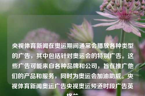 央视体育新闻在奥运期间通常会播放各种类型的广告，其中包括针对奥运会的特别广告。这些广告可能来自各种品牌和公司，旨在推广他们的产品和服务，同时为奥运会加油助威。央视体育新闻奥运广告央视奥运频道时段广告英格兰-第1张图片-体育新闻