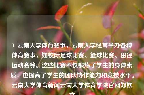 1. 云南大学体育赛事，云南大学经常举办各种体育赛事，如校际足球比赛、篮球比赛、田径运动会等。这些比赛不仅锻炼了学生的身体素质，也提高了学生的团队协作能力和竞技水平。云南大学体育新闻云南大学体育学院官网郑钦文-第1张图片-体育新闻