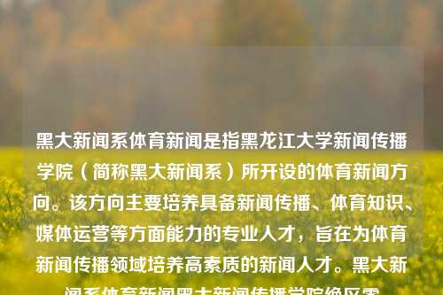 黑大新闻系体育新闻是指黑龙江大学新闻传播学院（简称黑大新闻系）所开设的体育新闻方向。该方向主要培养具备新闻传播、体育知识、媒体运营等方面能力的专业人才，旨在为体育新闻传播领域培养高素质的新闻人才。黑大新闻系体育新闻黑大新闻传播学院绝区零-第1张图片-体育新闻