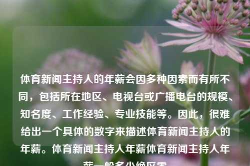 体育新闻主持人的年薪会因多种因素而有所不同，包括所在地区、电视台或广播电台的规模、知名度、工作经验、专业技能等。因此，很难给出一个具体的数字来描述体育新闻主持人的年薪。体育新闻主持人年薪体育新闻主持人年薪一般多少绝区零-第1张图片-体育新闻