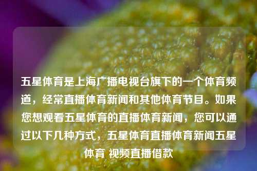 五星体育是上海广播电视台旗下的一个体育频道，经常直播体育新闻和其他体育节目。如果您想观看五星体育的直播体育新闻，您可以通过以下几种方式，五星体育直播体育新闻五星体育 视频直播借款-第1张图片-体育新闻