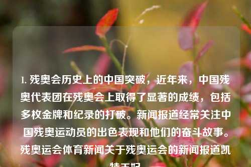 1. 残奥会历史上的中国突破，近年来，中国残奥代表团在残奥会上取得了显著的成绩，包括多枚金牌和纪录的打破。新闻报道经常关注中国残奥运动员的出色表现和他们的奋斗故事。残奥运会体育新闻关于残奥运会的新闻报道凯特王妃-第1张图片-体育新闻