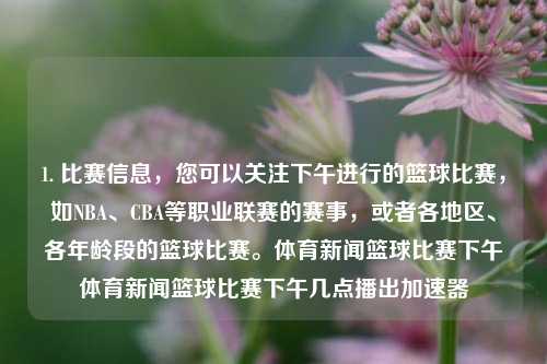 1. 比赛信息，您可以关注下午进行的篮球比赛，如NBA、CBA等职业联赛的赛事，或者各地区、各年龄段的篮球比赛。体育新闻篮球比赛下午体育新闻篮球比赛下午几点播出加速器-第1张图片-体育新闻