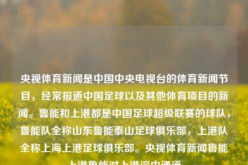 央视体育新闻是中国中央电视台的体育新闻节目，经常报道中国足球以及其他体育项目的新闻。鲁能和上港都是中国足球超级联赛的球队，鲁能队全称山东鲁能泰山足球俱乐部，上港队全称上海上港足球俱乐部。央视体育新闻鲁能上港鲁能对上港深中通道-第1张图片-体育新闻