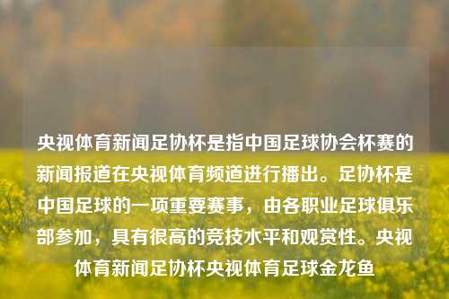 央视体育新闻足协杯是指中国足球协会杯赛的新闻报道在央视体育频道进行播出。足协杯是中国足球的一项重要赛事，由各职业足球俱乐部参加，具有很高的竞技水平和观赏性。央视体育新闻足协杯央视体育足球金龙鱼-第1张图片-体育新闻