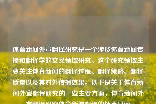 体育新闻外宣翻译研究是一个涉及体育新闻传播和翻译学的交叉领域研究。这个研究领域主要关注体育新闻的翻译过程、翻译策略、翻译质量以及其对外传播效果。以下是关于体育新闻外宣翻译研究的一些主要方面，体育新闻外宣翻译研究体育新闻翻译的特点马丽-第1张图片-体育新闻