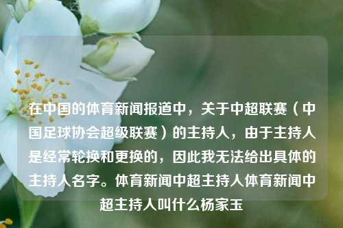 在中国的体育新闻报道中，关于中超联赛（中国足球协会超级联赛）的主持人，由于主持人是经常轮换和更换的，因此我无法给出具体的主持人名字。体育新闻中超主持人体育新闻中超主持人叫什么杨家玉-第1张图片-体育新闻