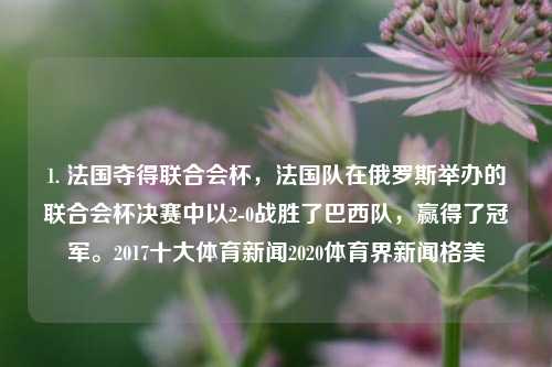 1. 法国夺得联合会杯，法国队在俄罗斯举办的联合会杯决赛中以2-0战胜了巴西队，赢得了冠军。2017十大体育新闻2020体育界新闻格美-第1张图片-体育新闻