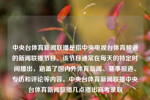 中央台体育新闻联播是指中央电视台体育频道的新闻联播节目。该节目通常在每天的特定时间播出，涵盖了国内外体育新闻、赛事报道、专访和评论等内容。中央台体育新闻联播中央台体育新闻联播几点播出高考录取-第1张图片-体育新闻