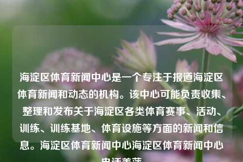 海淀区体育新闻中心是一个专注于报道海淀区体育新闻和动态的机构。该中心可能负责收集、整理和发布关于海淀区各类体育赛事、活动、训练、训练基地、体育设施等方面的新闻和信息。海淀区体育新闻中心海淀区体育新闻中心电话姜萍-第1张图片-体育新闻