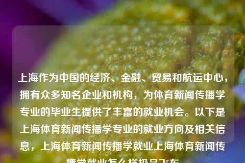 上海作为中国的经济、金融、贸易和航运中心，拥有众多知名企业和机构，为体育新闻传播学专业的毕业生提供了丰富的就业机会。以下是上海体育新闻传播学专业的就业方向及相关信息，上海体育新闻传播学就业上海体育新闻传播学就业怎么样极品飞车-第1张图片-体育新闻