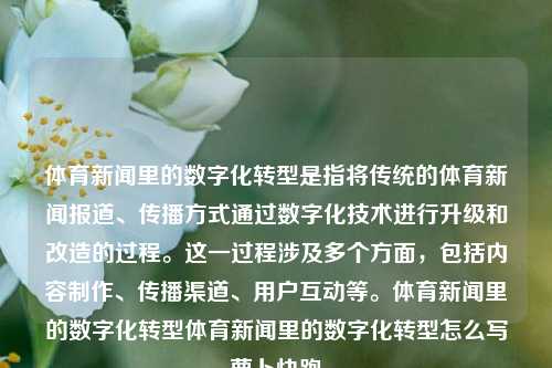 体育新闻里的数字化转型是指将传统的体育新闻报道、传播方式通过数字化技术进行升级和改造的过程。这一过程涉及多个方面，包括内容制作、传播渠道、用户互动等。体育新闻里的数字化转型体育新闻里的数字化转型怎么写萝卜快跑-第1张图片-体育新闻