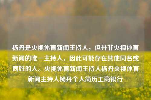 杨丹是央视体育新闻主持人，但并非央视体育新闻的唯一主持人，因此可能存在其他同名或同姓的人。央视体育新闻主持人杨丹央视体育新闻主持人杨丹个人简历工商银行-第1张图片-体育新闻