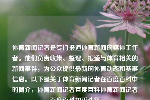 体育新闻记者是专门报道体育新闻的媒体工作者。他们负责收集、整理、报道与体育相关的新闻事件，为公众提供最新的体育动态和赛事信息。以下是关于体育新闻记者在百度百科中的简介，体育新闻记者百度百科体育新闻记者百度百科知乎斗鱼-第1张图片-体育新闻