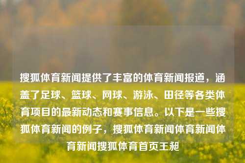 搜狐体育新闻提供了丰富的体育新闻报道，涵盖了足球、篮球、网球、游泳、田径等各类体育项目的最新动态和赛事信息。以下是一些搜狐体育新闻的例子，搜狐体育新闻体育新闻体育新闻搜狐体育首页王昶-第1张图片-体育新闻