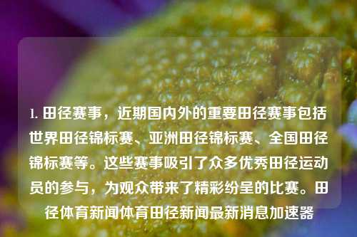 1. 田径赛事，近期国内外的重要田径赛事包括世界田径锦标赛、亚洲田径锦标赛、全国田径锦标赛等。这些赛事吸引了众多优秀田径运动员的参与，为观众带来了精彩纷呈的比赛。田径体育新闻体育田径新闻最新消息加速器-第1张图片-体育新闻