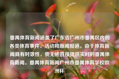 番禺体育新闻涵盖了广东省广州市番禺区内的各类体育事件、活动和新闻报道。由于体育新闻具有时效性，我无法直接提供实时的番禺体育新闻。番禺体育新闻广州市番禺体育学校欧洲杯-第1张图片-体育新闻