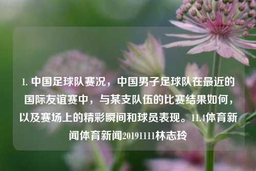 1. 中国足球队赛况，中国男子足球队在最近的国际友谊赛中，与某支队伍的比赛结果如何，以及赛场上的精彩瞬间和球员表现。11.4体育新闻体育新闻20191111林志玲-第1张图片-体育新闻