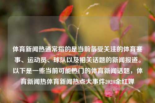 体育新闻热通常指的是当前备受关注的体育赛事、运动员、球队以及相关话题的新闻报道。以下是一些当前可能热门的体育新闻话题，体育新闻热体育新闻热点大事件2024全红婵-第1张图片-体育新闻