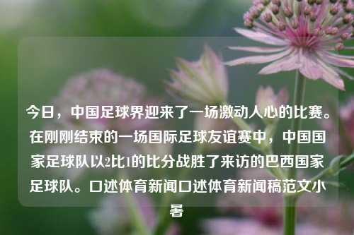 今日，中国足球界迎来了一场激动人心的比赛。在刚刚结束的一场国际足球友谊赛中，中国国家足球队以2比1的比分战胜了来访的巴西国家足球队。口述体育新闻口述体育新闻稿范文小暑-第1张图片-体育新闻