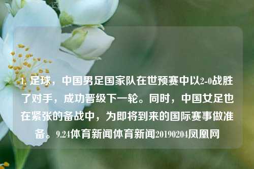 1. 足球，中国男足国家队在世预赛中以2-0战胜了对手，成功晋级下一轮。同时，中国女足也在紧张的备战中，为即将到来的国际赛事做准备。9.24体育新闻体育新闻20190204凤凰网-第1张图片-体育新闻