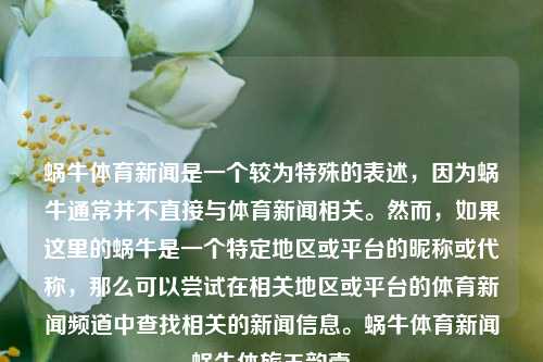 蜗牛体育新闻是一个较为特殊的表述，因为蜗牛通常并不直接与体育新闻相关。然而，如果这里的蜗牛是一个特定地区或平台的昵称或代称，那么可以尝试在相关地区或平台的体育新闻频道中查找相关的新闻信息。蜗牛体育新闻蜗牛体旅王韵壹-第1张图片-体育新闻