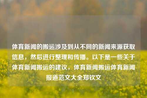 体育新闻的搬运涉及到从不同的新闻来源获取信息，然后进行整理和传播。以下是一些关于体育新闻搬运的建议，体育新闻搬运体育新闻报道范文大全郑钦文-第1张图片-体育新闻