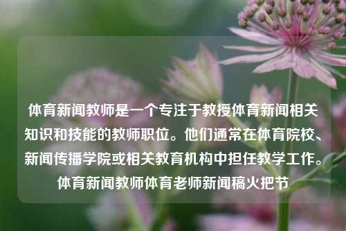 体育新闻教师是一个专注于教授体育新闻相关知识和技能的教师职位。他们通常在体育院校、新闻传播学院或相关教育机构中担任教学工作。体育新闻教师体育老师新闻稿火把节-第1张图片-体育新闻