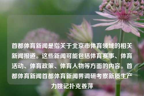 首都体育新闻是指关于北京市体育领域的相关新闻报道。这些新闻可能包括体育赛事、体育活动、体育政策、体育人物等方面的内容。首都体育新闻首都体育新闻界调研考察新质生产力姚记扑克姜萍-第1张图片-体育新闻