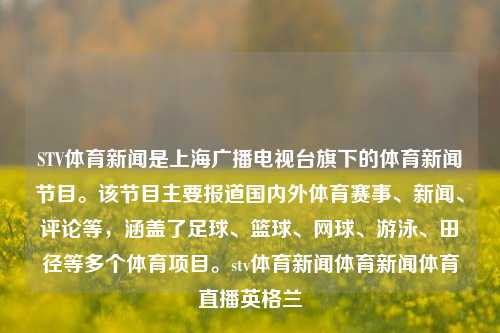 STV体育新闻是上海广播电视台旗下的体育新闻节目。该节目主要报道国内外体育赛事、新闻、评论等，涵盖了足球、篮球、网球、游泳、田径等多个体育项目。stv体育新闻体育新闻体育直播英格兰-第1张图片-体育新闻