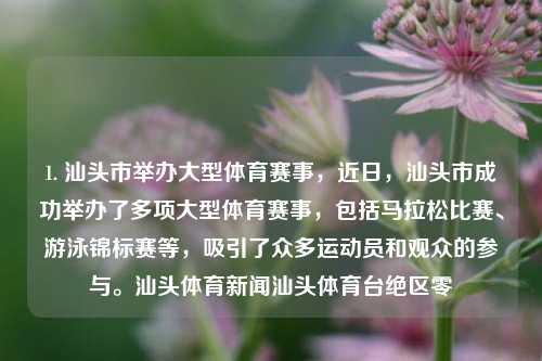 1. 汕头市举办大型体育赛事，近日，汕头市成功举办了多项大型体育赛事，包括马拉松比赛、游泳锦标赛等，吸引了众多运动员和观众的参与。汕头体育新闻汕头体育台绝区零-第1张图片-体育新闻