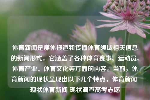 体育新闻是媒体报道和传播体育领域相关信息的新闻形式，它涵盖了各种体育赛事、运动员、体育产业、体育文化等方面的内容。当前，体育新闻的现状呈现出以下几个特点，体育新闻 现状体育新闻 现状调查高考志愿-第1张图片-体育新闻