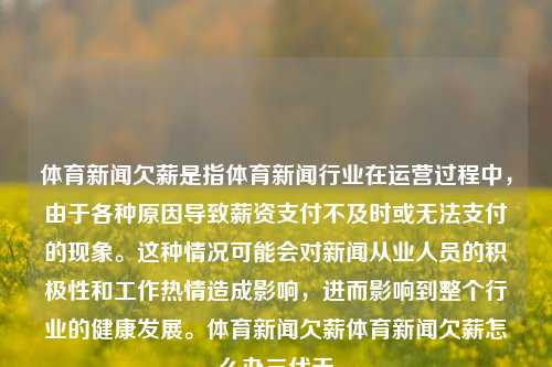 体育新闻欠薪是指体育新闻行业在运营过程中，由于各种原因导致薪资支付不及时或无法支付的现象。这种情况可能会对新闻从业人员的积极性和工作热情造成影响，进而影响到整个行业的健康发展。体育新闻欠薪体育新闻欠薪怎么办三伏天-第1张图片-体育新闻