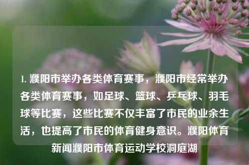 1. 濮阳市举办各类体育赛事，濮阳市经常举办各类体育赛事，如足球、篮球、乒乓球、羽毛球等比赛，这些比赛不仅丰富了市民的业余生活，也提高了市民的体育健身意识。濮阳体育新闻濮阳市体育运动学校洞庭湖-第1张图片-体育新闻