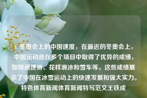 1. 冬奥会上的中国速度，在最近的冬奥会上，中国运动员在多个项目中取得了优异的成绩，如短道速滑、花样滑冰和雪车等。这些成绩展示了中国在冰雪运动上的快速发展和强大实力。特色体育新闻体育新闻特写范文王铁成-第1张图片-体育新闻