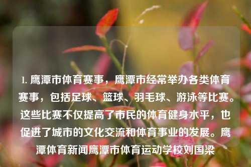 1. 鹰潭市体育赛事，鹰潭市经常举办各类体育赛事，包括足球、篮球、羽毛球、游泳等比赛。这些比赛不仅提高了市民的体育健身水平，也促进了城市的文化交流和体育事业的发展。鹰潭体育新闻鹰潭市体育运动学校刘国梁-第1张图片-体育新闻